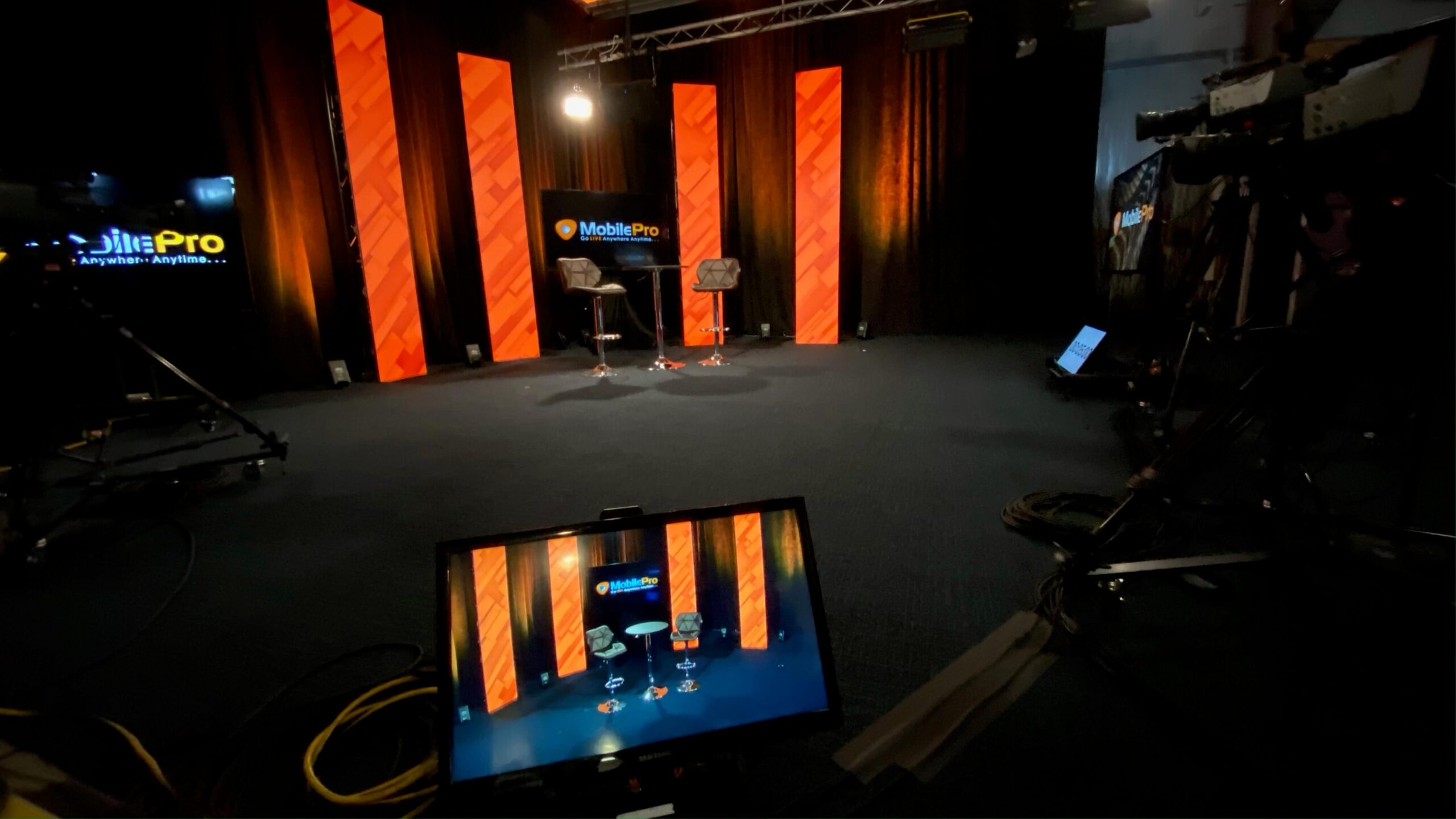 Mobile professional live streaming setup: A mobile studio with camera, lights, and audio equipment for high-quality live streaming on the go